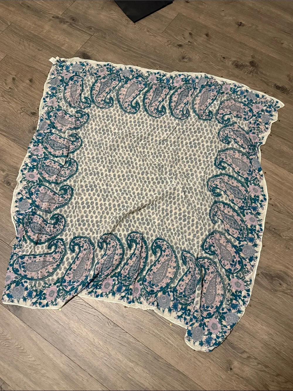Lucky Brand Cream Paisley Border Scarf with Teal and Pink Accents